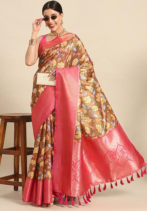 Brown Woven Kalamkari Silk Saree Set