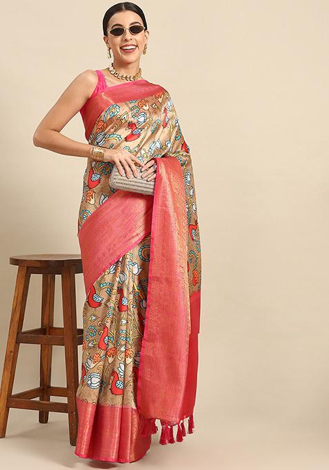 Beige Woven Kalamkari Saree Set