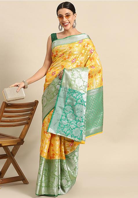 Yellow Woven Banarasi Art Silk Saree Set