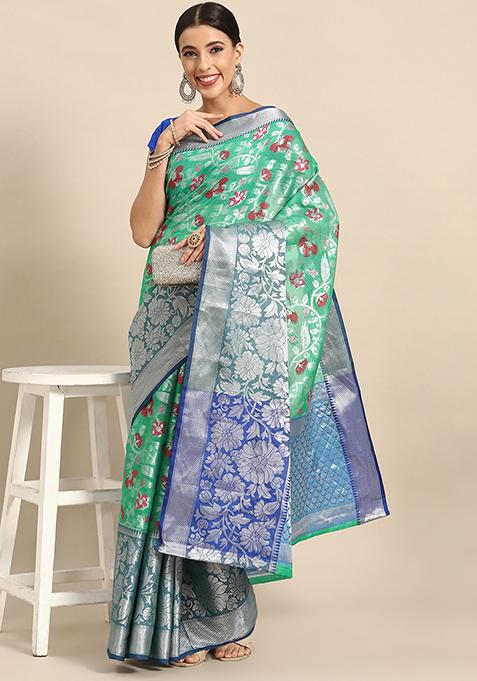 Teal Blue Woven Banarasi Art Silk Saree Set