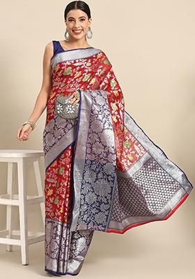 Red Woven Banarasi Art Silk Saree Set