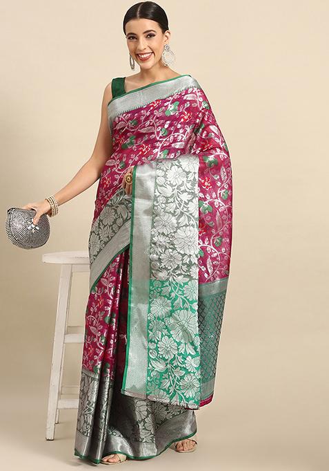 Magenta Woven Banarasi Art Silk Saree Set