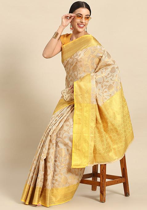 Yellow Banarasi Silk Saree Set