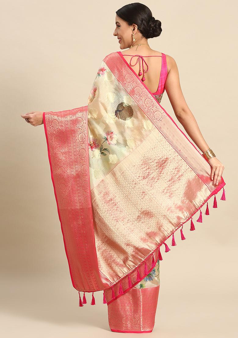 Beige Woven Kalamkari Silk Saree Set - Indya