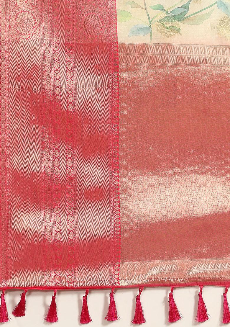 Beige Woven Kalamkari Silk Saree Set - Indya