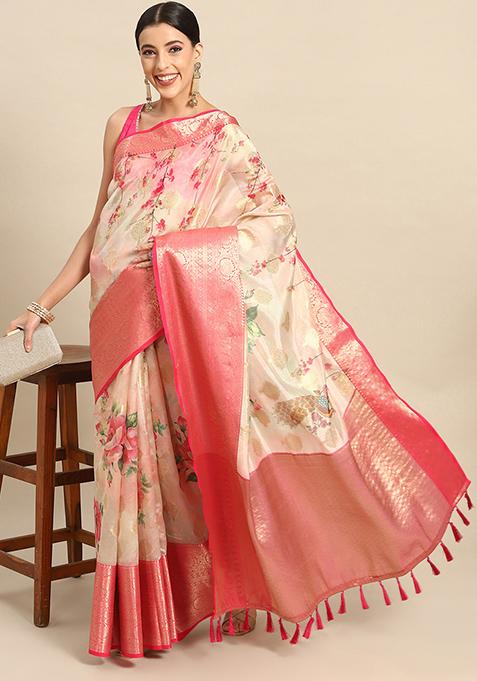 Pink Woven Kalamkari Silk Saree Set