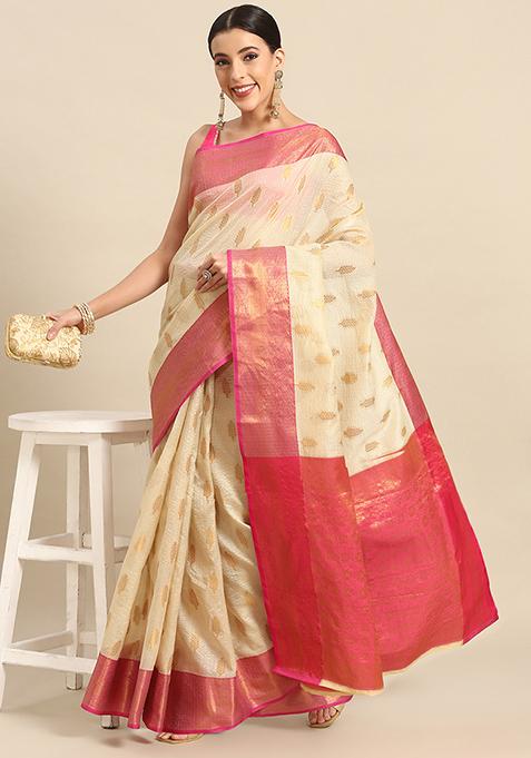 Yellow Banarasi Tusser Silk Saree Set