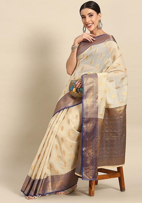 Navy Blue Banarasi Tusser Silk Saree Set