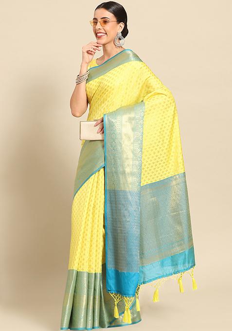 Yellow Kanjeevaram Art Silk Saree Set