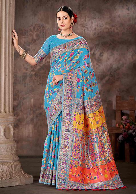 Blue Floral Print Silk Blend Saree Set