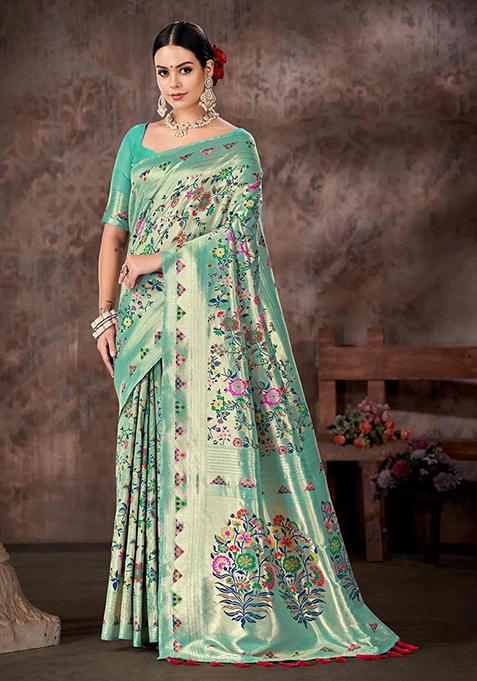 Teal Blue Floral Print Silk Blend Saree Set