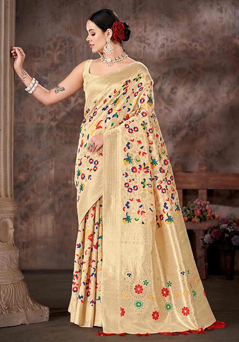 White Floral Print Silk Blend Saree Set