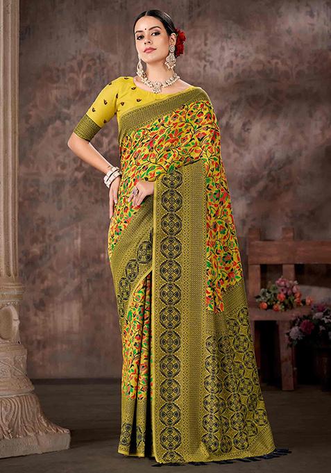 Mustard Floral Print Silk Blend Saree Set