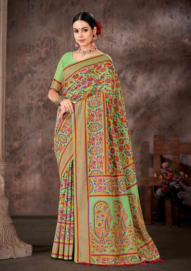 Green Floral Print Silk Blend Saree Set - Indya