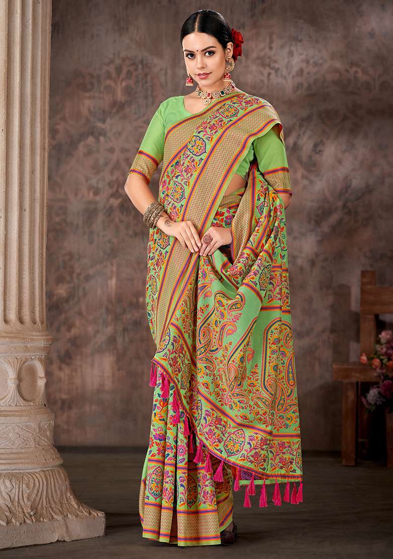 Green Floral Print Silk Blend Saree Set - Indya