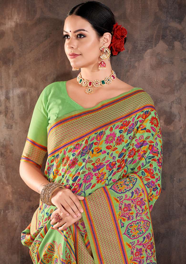 Green Floral Print Silk Blend Saree Set - Indya