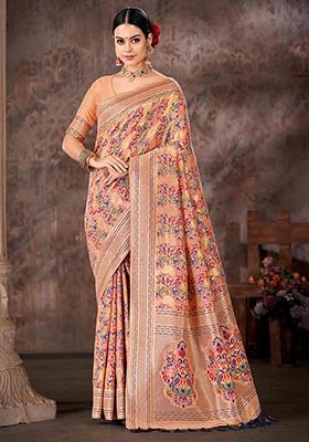 Pink Floral Print Silk Blend Saree Set