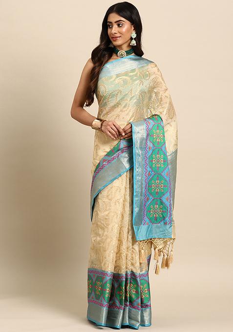 Beige Heavy Zari Woven Silk Saree Set