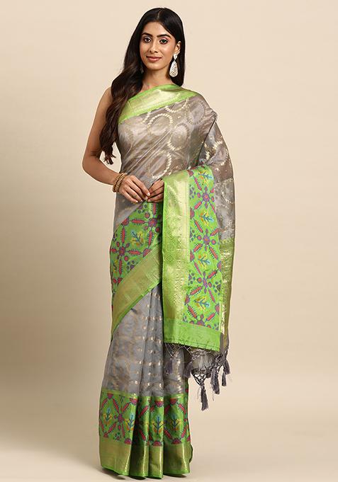 Grey Heavy Zari Woven Silk Saree Set