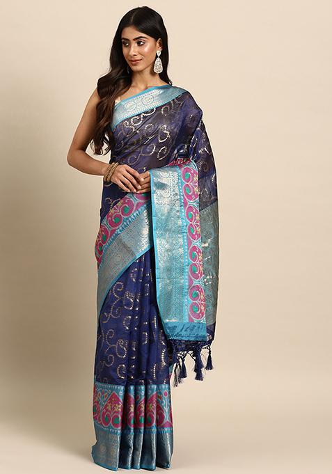 Navy Blue Heavy Zari Woven Silk Saree Set