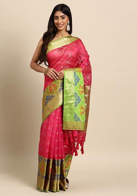 Pink Heavy Zari Woven Silk Saree Set