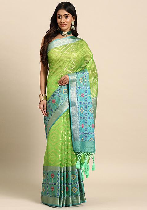 Lime Green Heavy Zari Woven Silk Saree Set