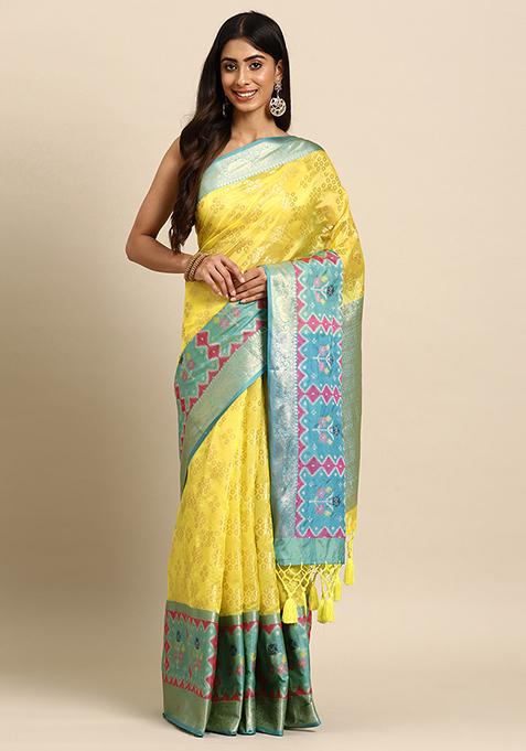 Yellow Heavy Zari Woven Silk Saree Set