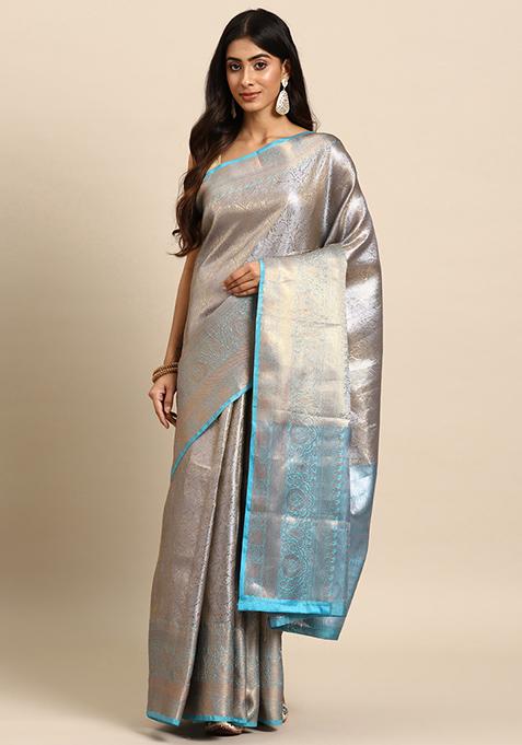 Blue Sillver Zari Woven Tissue Saree Set