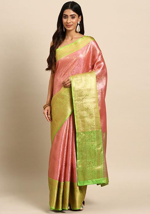 Pink Sillver Zari Woven Tissue Saree Set