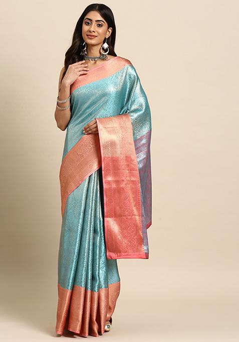 Teal Blue Sillver Zari Woven Tissue Saree Set