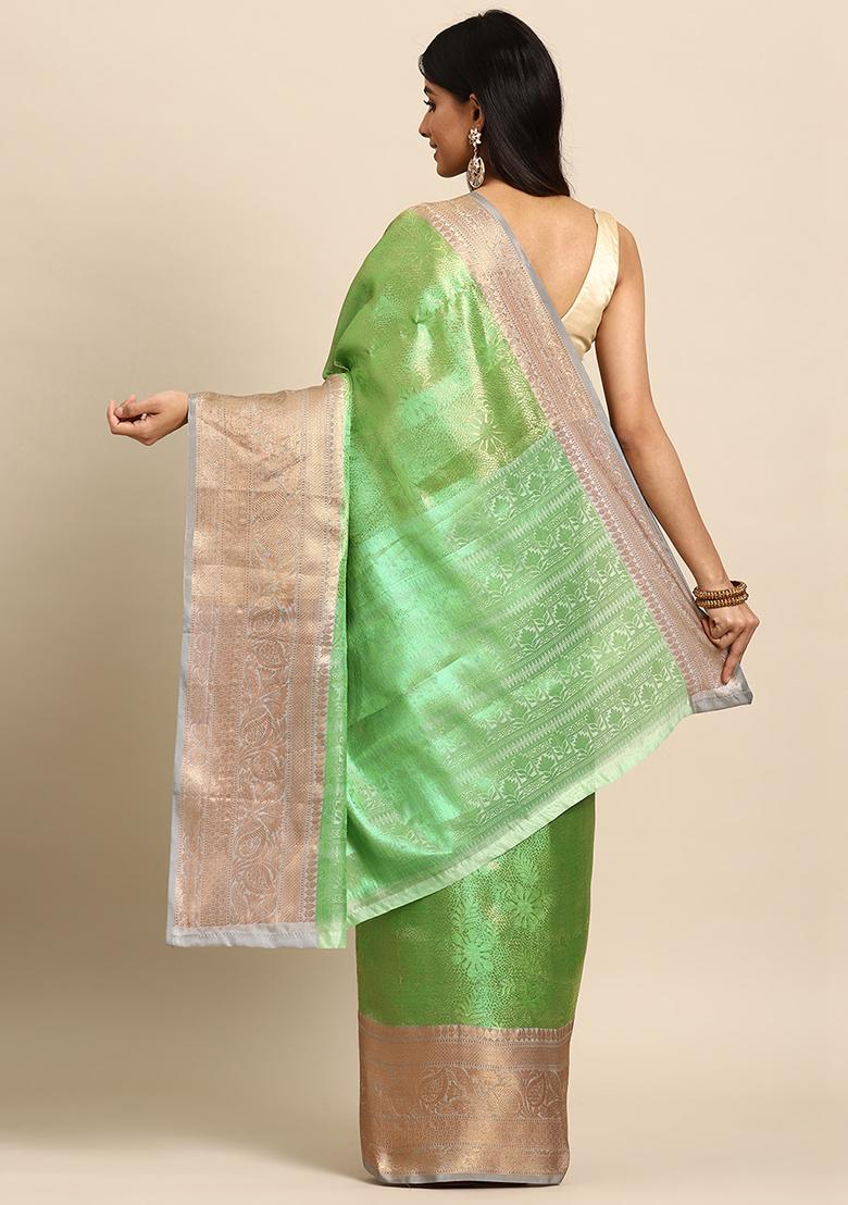 Green Sillver Zari Woven Tissue Saree Set - Indya