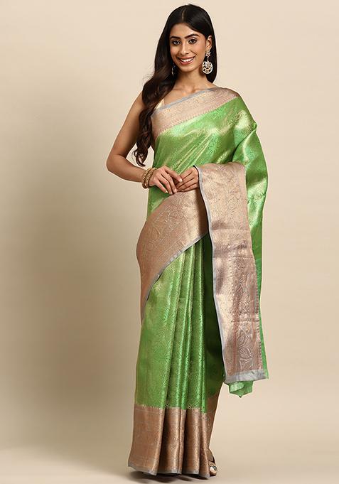 Green Sillver Zari Woven Tissue Saree Set