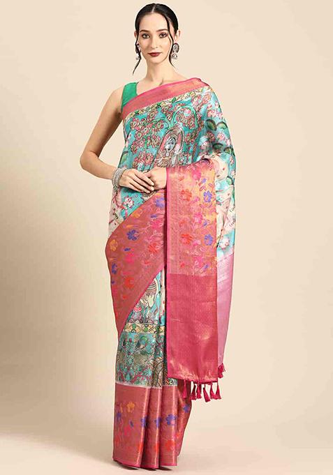 Multicolor Digital Print Kanjeevaram Saree Set