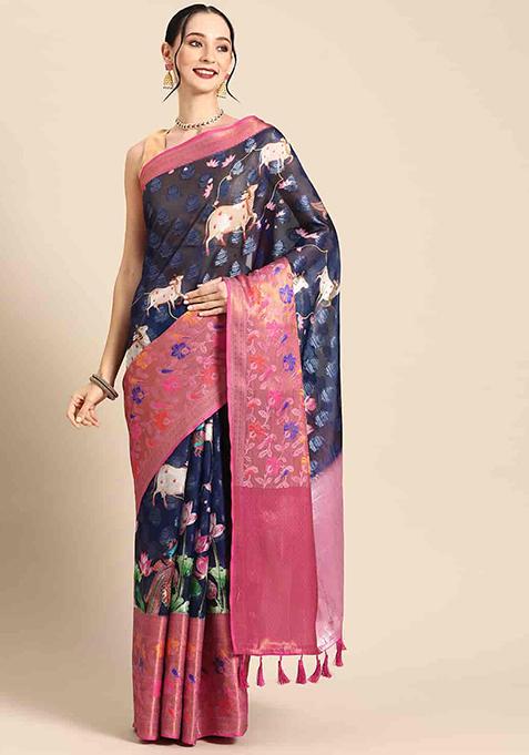 Multicolour Digital Print Kanjivaram Silk Saree Set