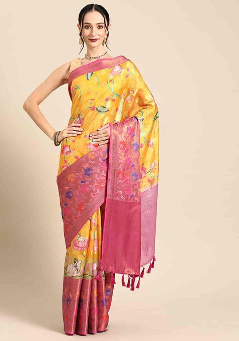 Multi Color Digital Print Kanjeevaram Silk Saree Set