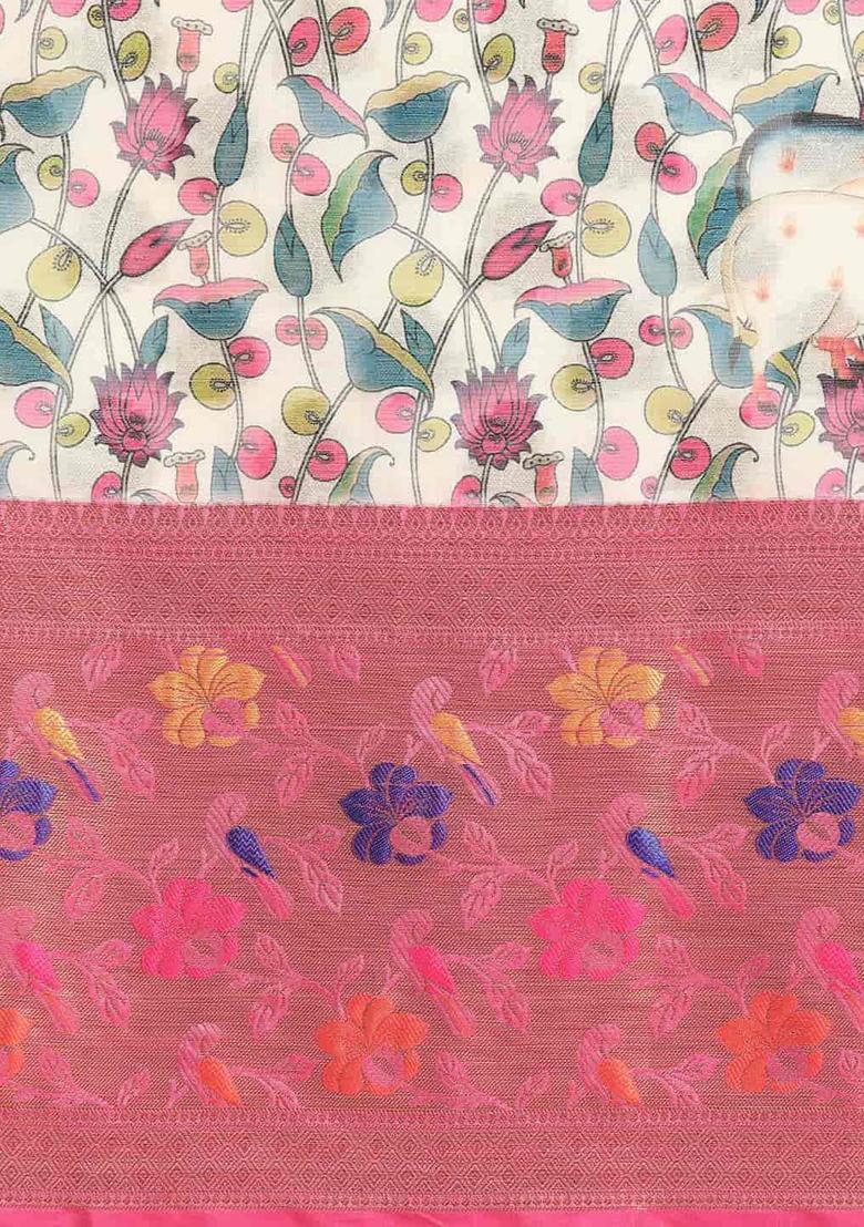 Multicolor Digital Printed Kanjeevaram Silk Saree Set - Indya