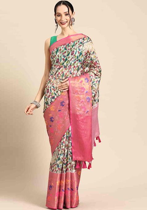 Multicolor Digital Printed Kanjeevaram Silk Saree Set