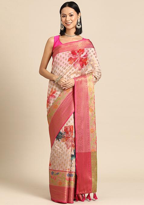 Multicolor Digital Printed Kanjivaram Silk Saree Set