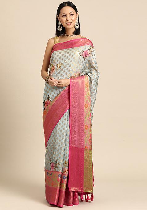 Multicolor Digital Print Kanjivaram Saree Set