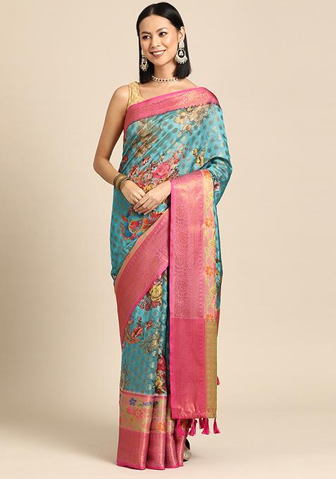 Multicolor Digital Print Kanjeevaram Silk Saree Set