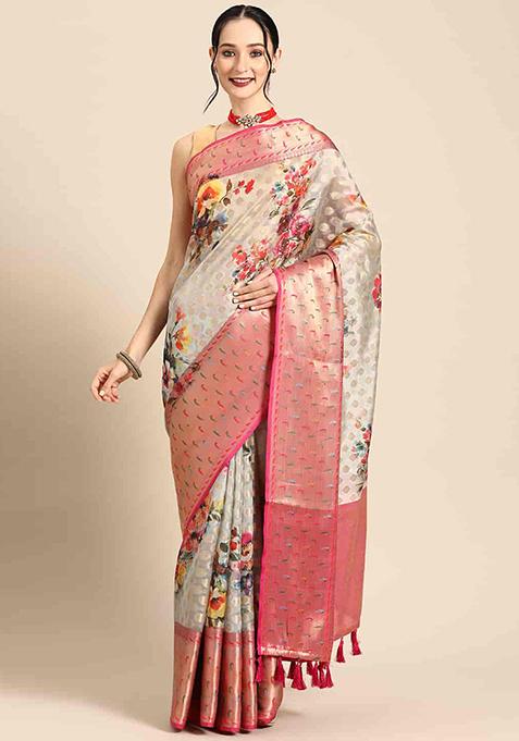 Multicolor Printed Banarasi Silk Woven Saree Set