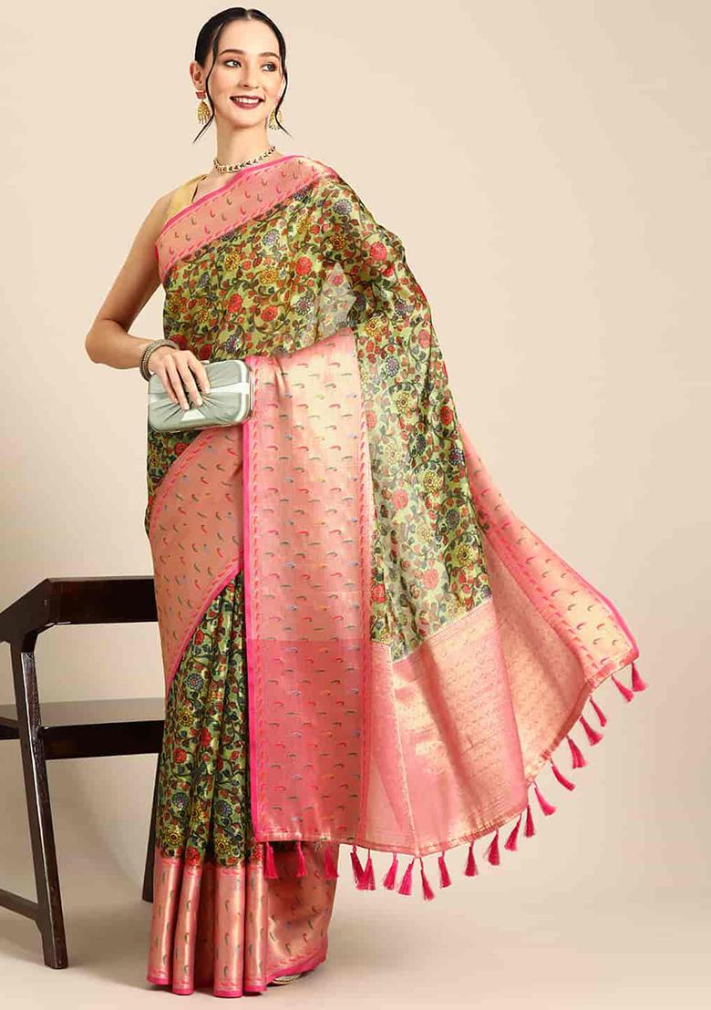Multi Colour Digital Print Banarasi Saree Set - Indya