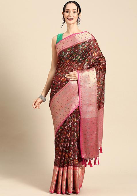 Multi Color Printed Banarasi Saree Set