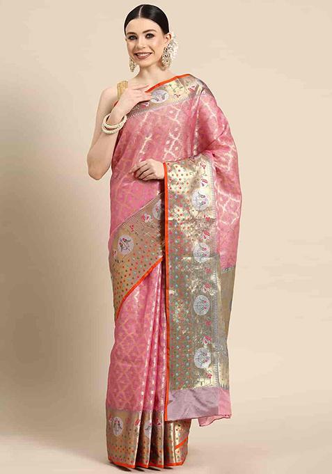 Pink Zari Woven Tissue Saree Set