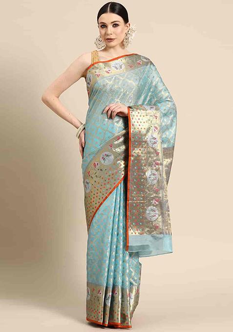 Blue Zari Woven Tissue Saree Set