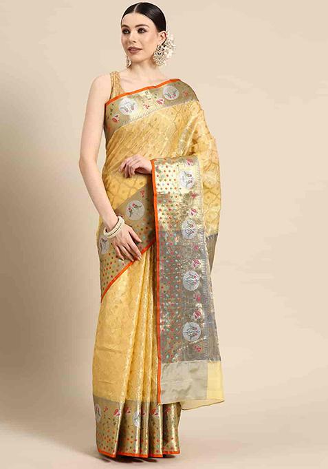 Yellow Zari Woven Tissue Saree Set