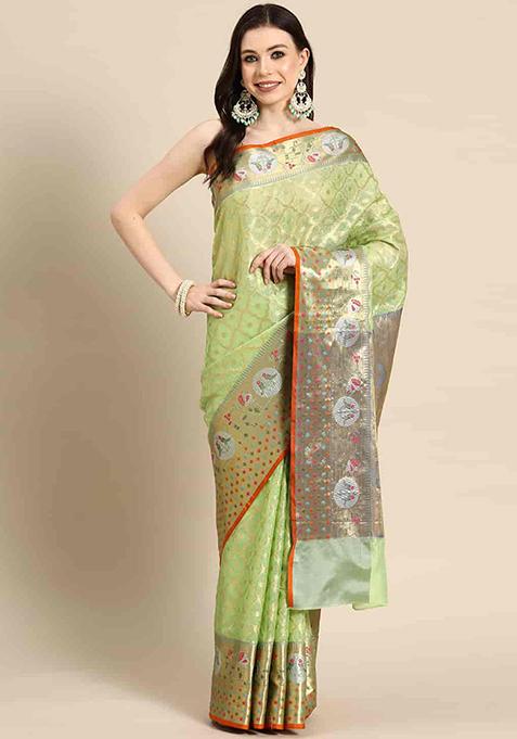 Parrot Green Zari Woven Tissue Saree Set