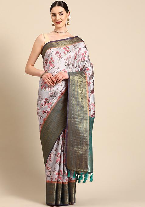 Grey Digital Print Silk Saree Set