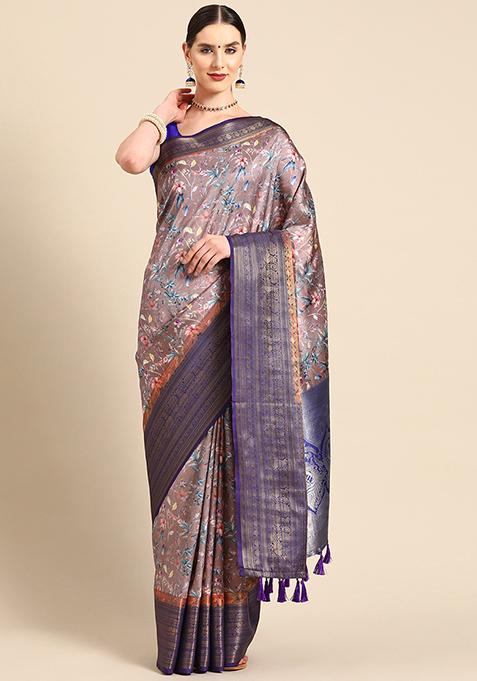 Brown Digital Print Art Silk Saree Set