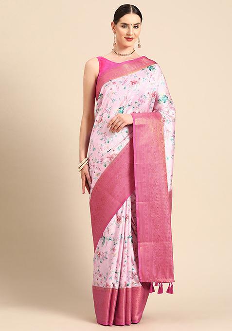 Pink Digital Print Art Silk Saree Set